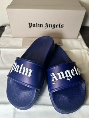 Palm Angels kids Blue Slide Sandals with White Logo (Size 2)